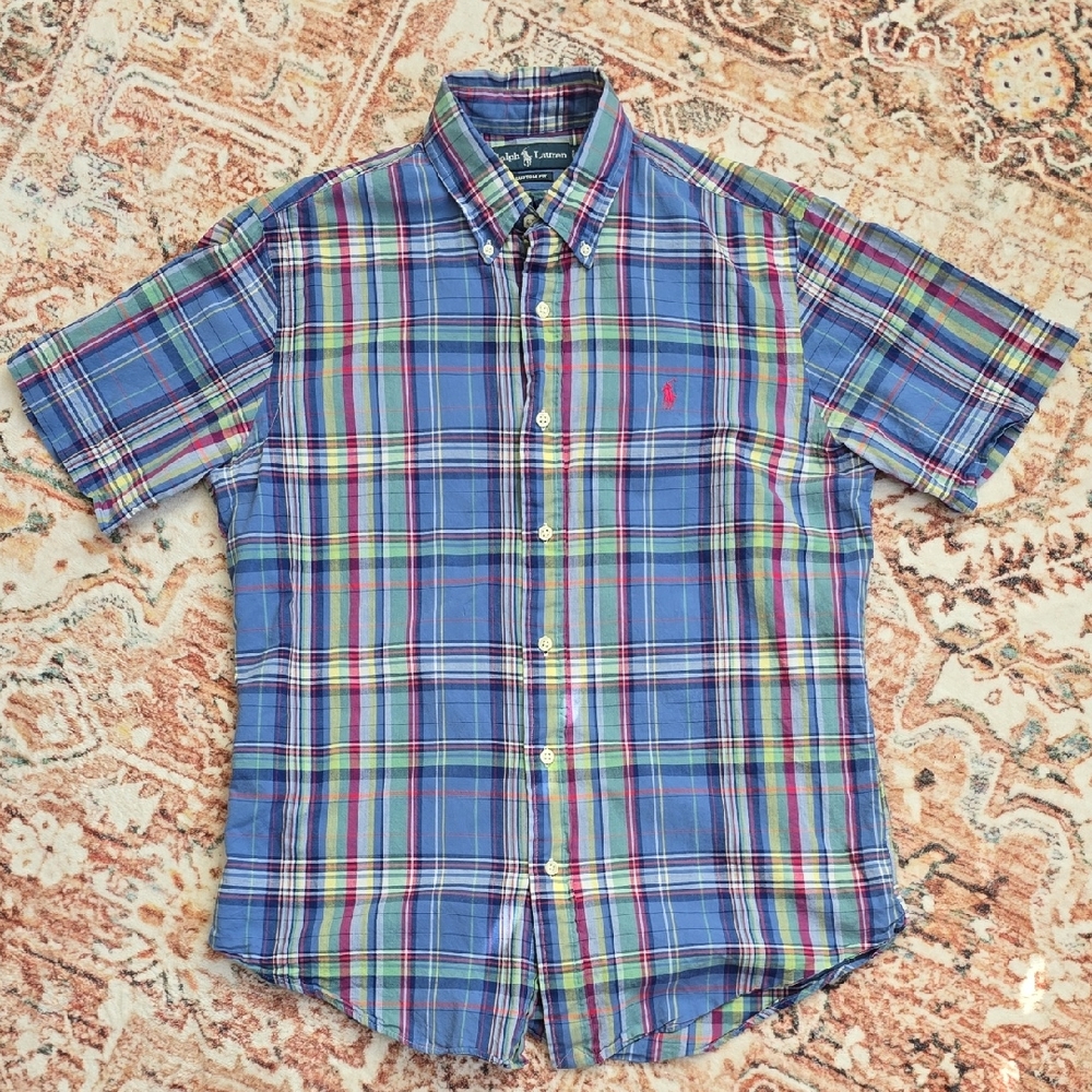 Ralph Lauren Men's Blue and Green Plaid Short Sleeve Buttom Down Shirt Med